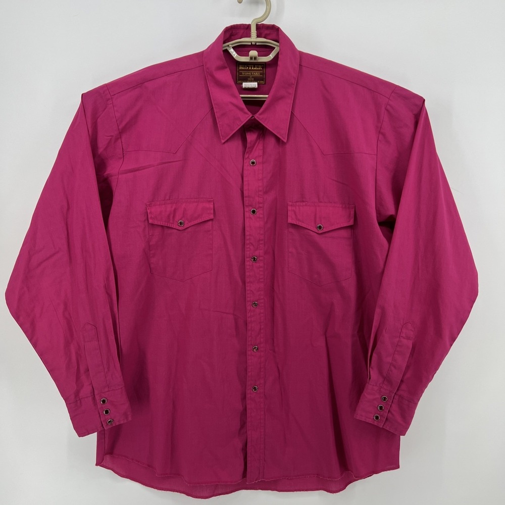 Vintage Rustler Western Shirt 17 34/35 X-Long Tails Pearl Snap Rodeo Cowboy Pink
